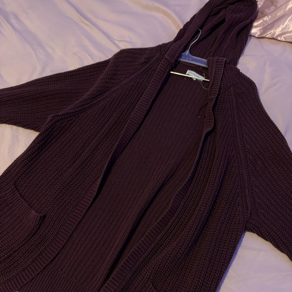 Dark purple cardigan with hoodie